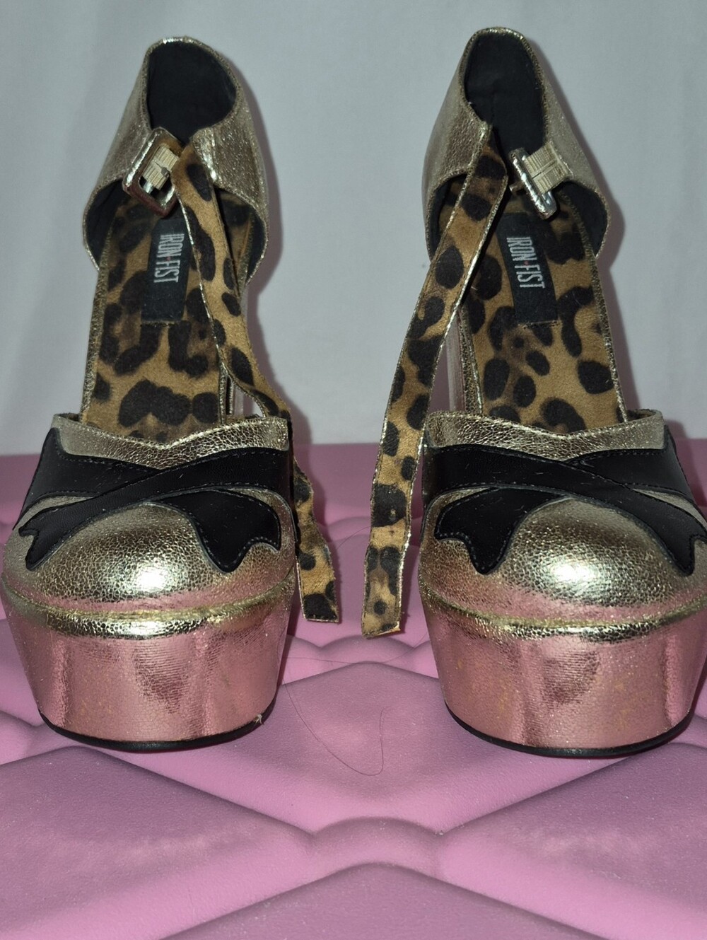 Iron Fist Metallic Gold & Black Platform Pumps with Leopard Print & Crossbones
